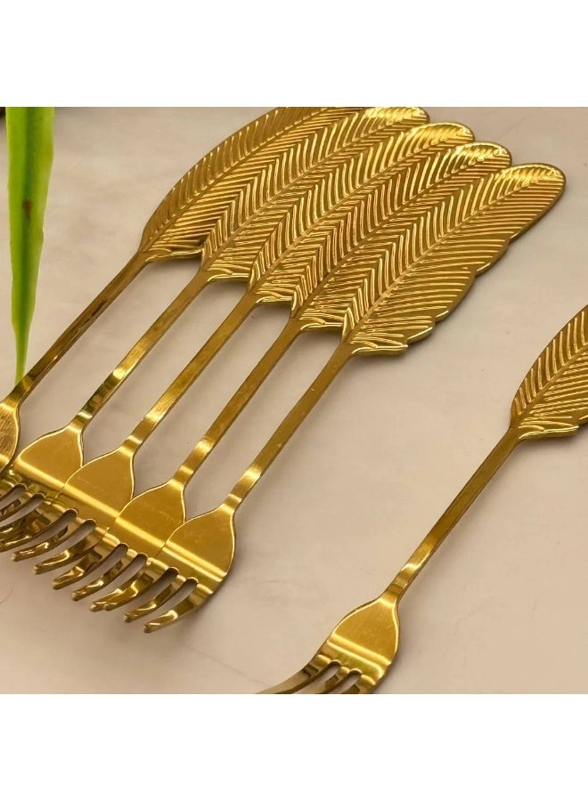 طقم شوك حلويات فاخر من الفولاذ المقاوم للصدأ بتصميم ريشة ذهبية، 6 قطع، شوك تقديم أنيقة للكيك والفواكه والحلويات، إكسسوارات طاولة أنيقة للاستخدام اليومي والمناسبات - Image 2